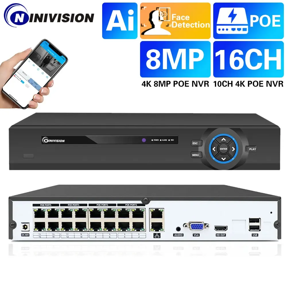 16CH 10CH 8CH 4CH 4K 8MP 5MP POE NVR For POE IP CCTV Surveillance Camera System Kit H.265+ CCTV NVR Audio Video Record ONVIF