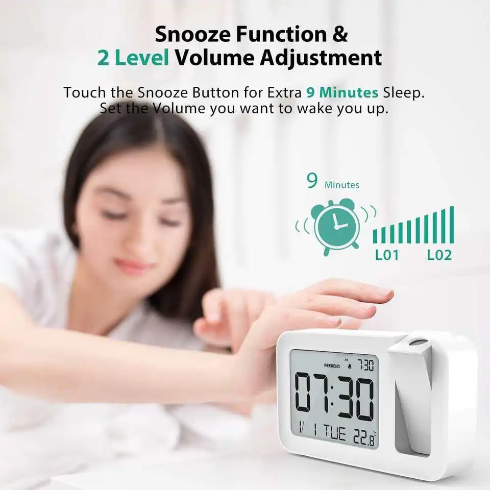 Digitaler Projektionswecker, elektronischer Desktop-Tischwecker mit Temperatur, Zeitprojektor, Schlafzimmer, Nachttisch-Stummschaltung – Detail 15