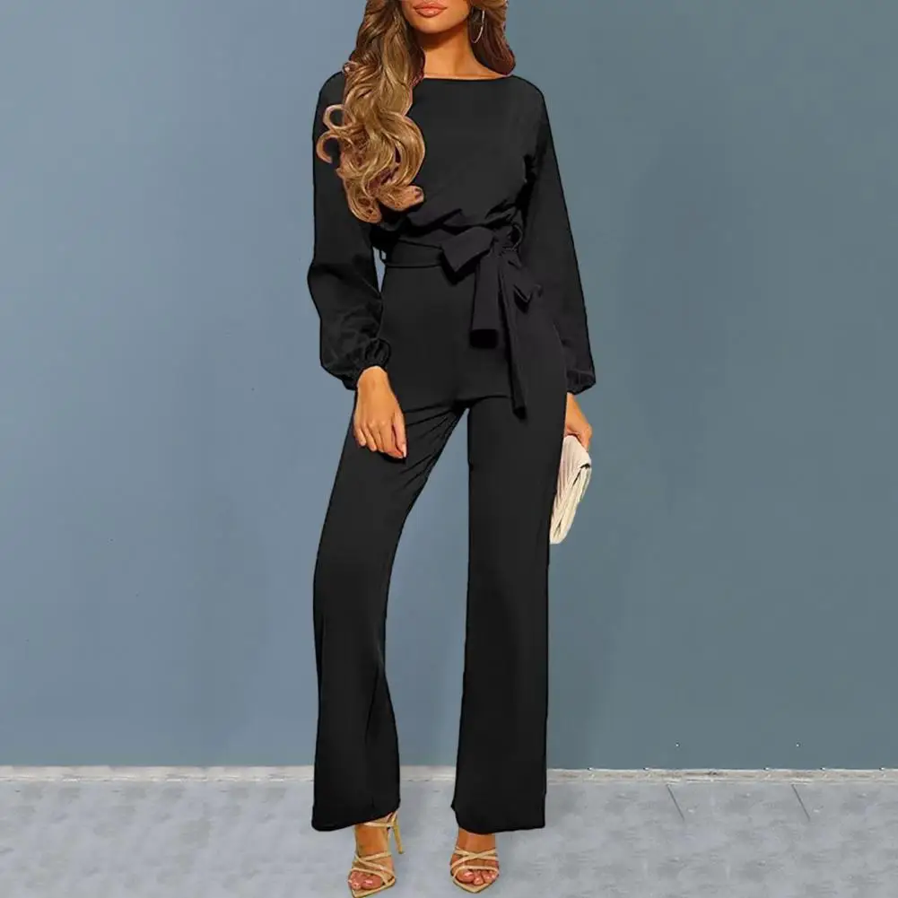 

Women Spring Jumpsuit O Neck Lace-up Belted Tight Waist Wide Leg Trousers Long Sleeve Straight OL Commute Style Lady Jumpsuit