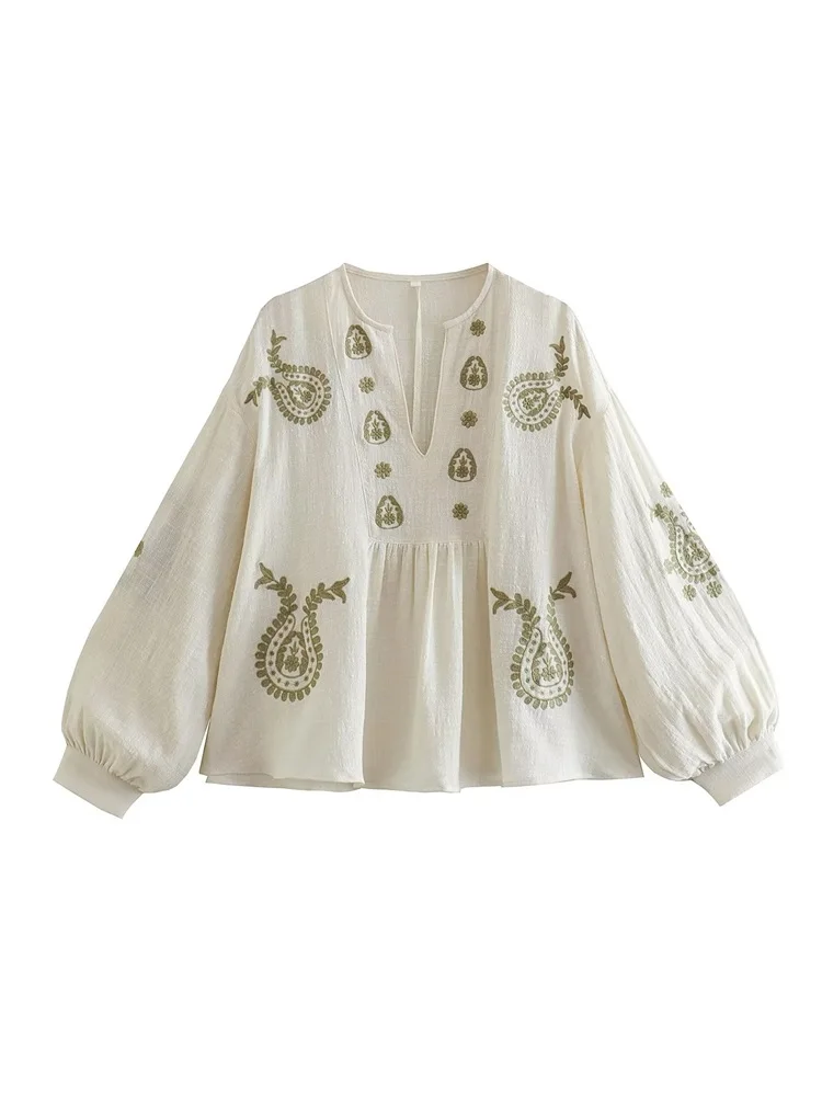 

ZXQJ Женская коллекция 2023 года, модная Повседневная Блузка с цветочной вышивкой, винтажная рубашка с V-образным вырезом и рукавами-фонариками, шикарная рубашка, блузки, топы