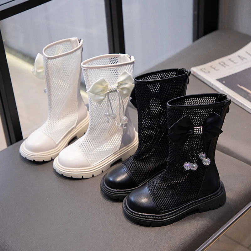 여아용 여름 샌들, 하이탑 메쉬 그물 신발, 통기성 컷아웃, 활 매듭 펜던트, 공주 달콤한 어린이 검투사