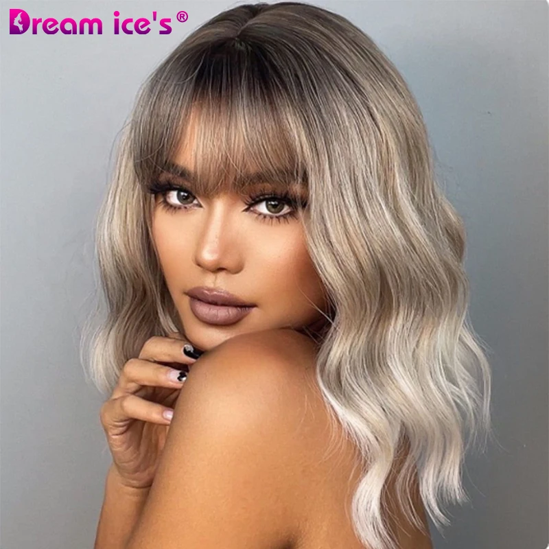 

Short Ombre Brown Blonde Synthetic Wig With Bangs Shoulder Length Natural Wavy Bob Wigs For Women Heat Resistant Hair Daily Wigs