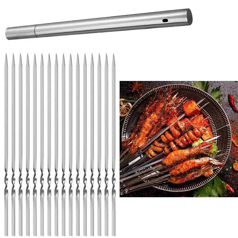 Spiedini da 35cm Barbecue griglia riutilizzabile spiedini in acciaio inossidabile Shish Kebab BBQ campeggio forchette piatte gadget accessori da cucina strumenti  15