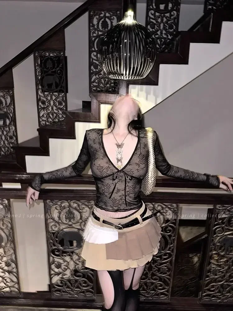 Korean Fashion Crop Top y2k Aesthetic Sweet Lace Patchwork Long Sleeve T Shirt with Bow 2000s Women Clothes Streetwear