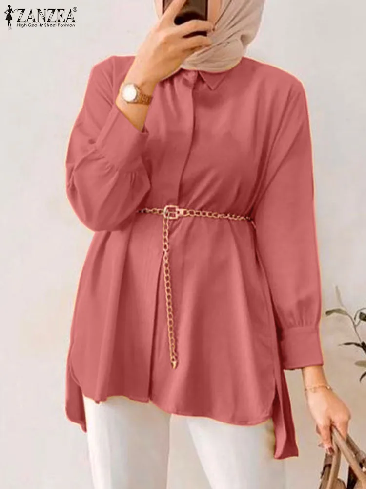 

ZANZEA Autumn Elegant Muslim Blouse Woman Long Sleeve Lapel Neck Shirt Female Fashion High Low Blusas Casual Islamic Clothing