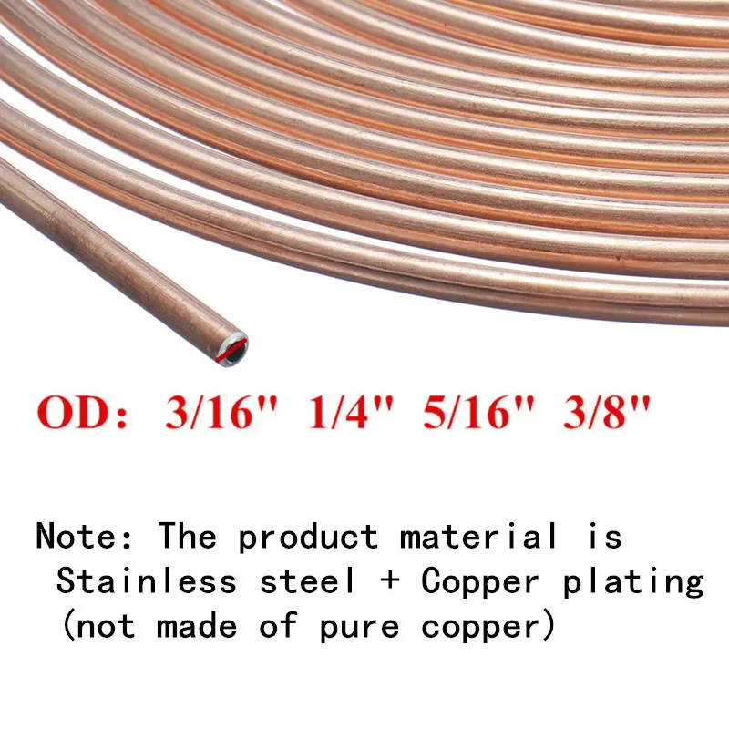 25ft 7.62m Iron Plating Copper Car Brake Line Roll Tube Coil 3/16" 1/4" 5/16" 3/8" OD Brake Pipe Hose Line Anti-rust Universal