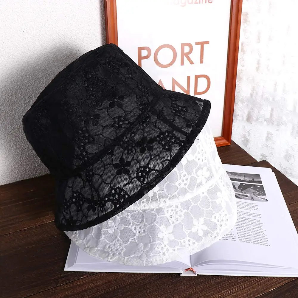 Women Bucket Hat Summer Lace Bucket Hats Female Vintage Mesh Thin Breathable Flower Hollow Sun Hat Sunscreen