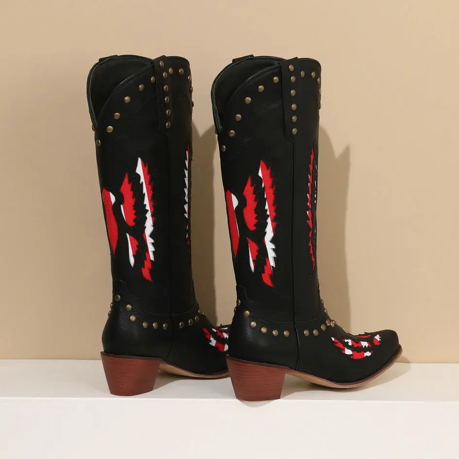 Women's Cowboy Boots Retro Western Boots Mid Calf Rivets Decor Pointed Toe Comfy Chunky Med Heels Shoes 2024 New Plus Size 10.5