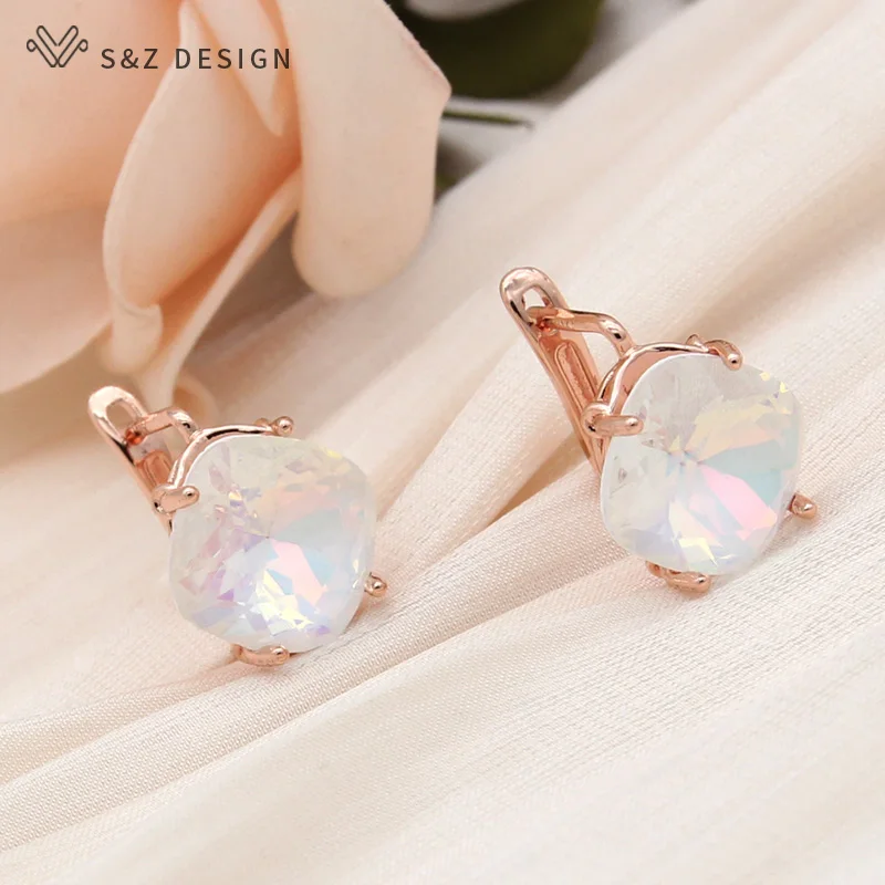 S&Z DESIGN New Fashion Square Colorful Crystal Drop Earring For Women 585 Rose Gold Color Wedding Jewelry