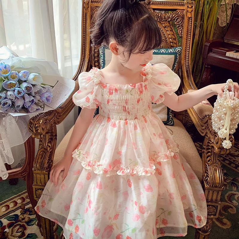 

Girls' Dress 2023 New Fashionable Little Girl Floral Mesh Dress Summer Baby Princess Dress Trend