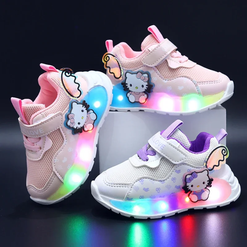 산리오 헬로 키티 만화 귀여운 소녀 운동화, 어린이 LED 조명 신발, 아기 미끄럼 방지 스포츠 신발, 어린이 운동화
