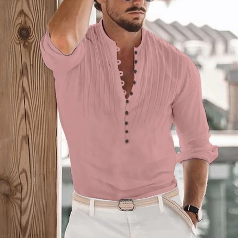 

Spring and Autumn Henley collar Men's Solid Color Linen Long Sleeve Shirt Cardigan Long Sleeve Men's Shirt