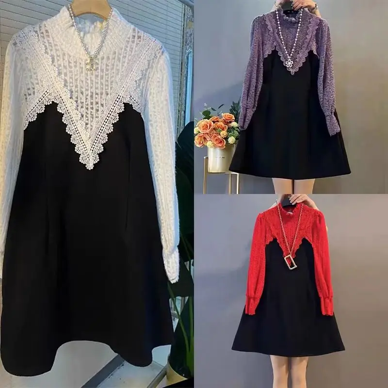 

Vintage Lace Hollow Out Spliced Dresses Spring Autumn Commute Long Sleeve Female Clothing Half High Collar A-Line Midi Dress New