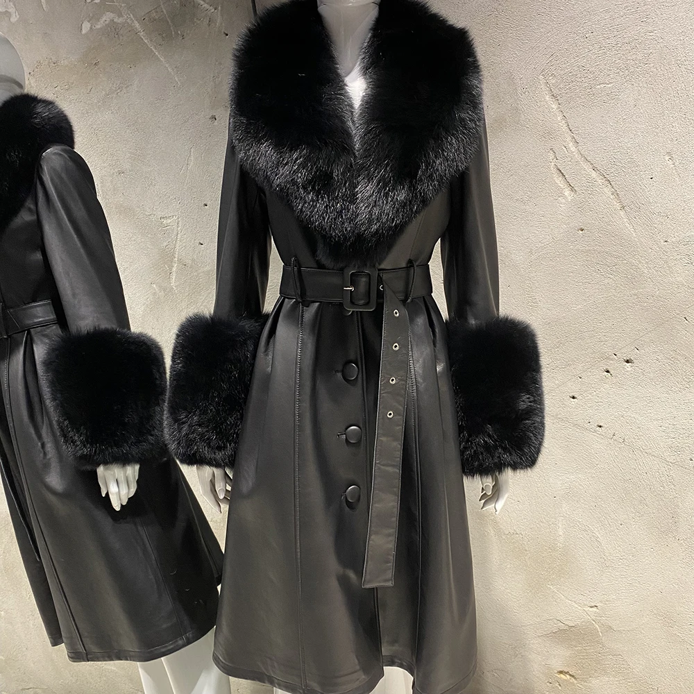 YOLOAgain Women's Detachable Fox Fur Collar Real Leather Jacket Long Navy Blue Jacket