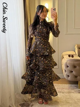 Elegant Floral Women's Cake Dress Bell-Bottomed Sleeve Stand Collar Waist-Closed Lady Dresses 2026 Spring Summer Female Robe 1