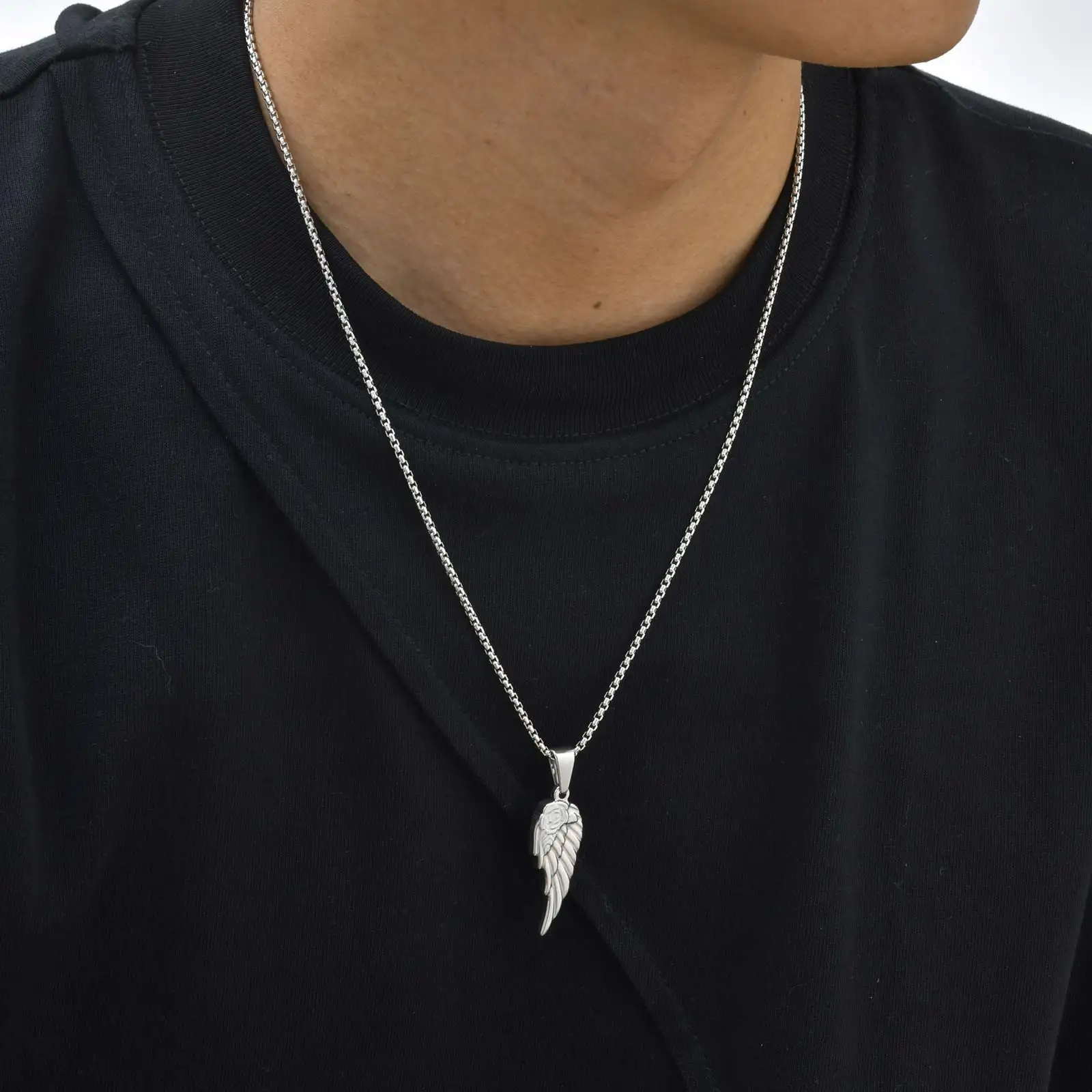 Vintage Silber Farbe Feder Anhänger Halskette für Männer Punk Hip Hop Lange Ketten Halb Flügel Halskette Edelstahl Schmuck Geschenk – Detail 3