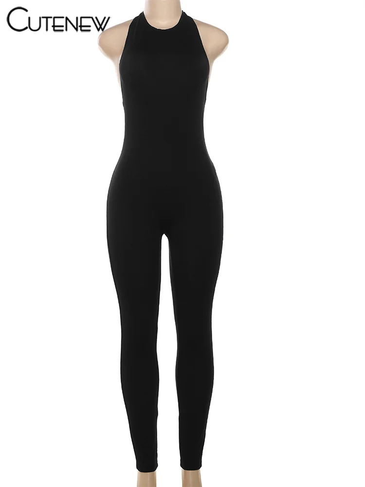 Classic Fashion Women Jumpsuits Solid Summer Halter Bandage Sleeveless Backless One Piece Skinny Stretch Basic Overalls
