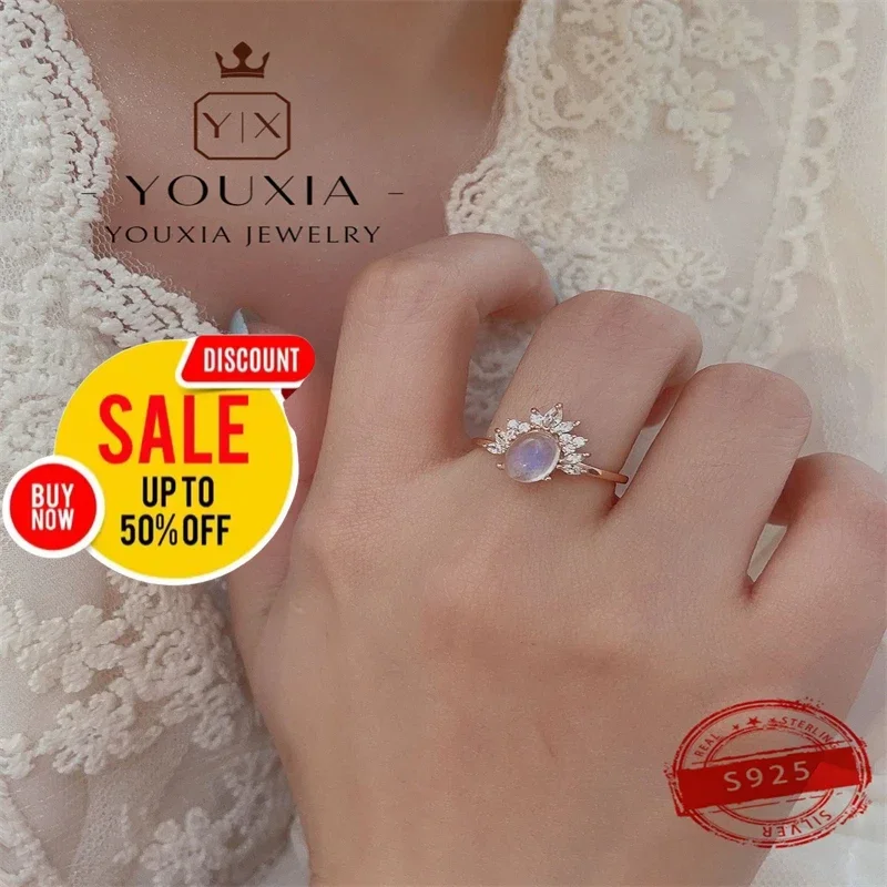 Best-selling European and American s925 silver simple design fashion rose gold moonstone ring couples high-end jewelry