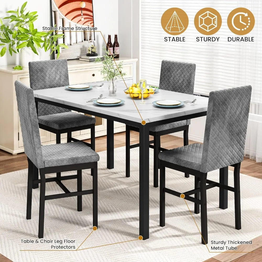 Dining Table Set, Kitchen Table and Chairs Set, Dinner Tables Set with 4 Upholstered Velvet Chairs, Dining Room Tables Set