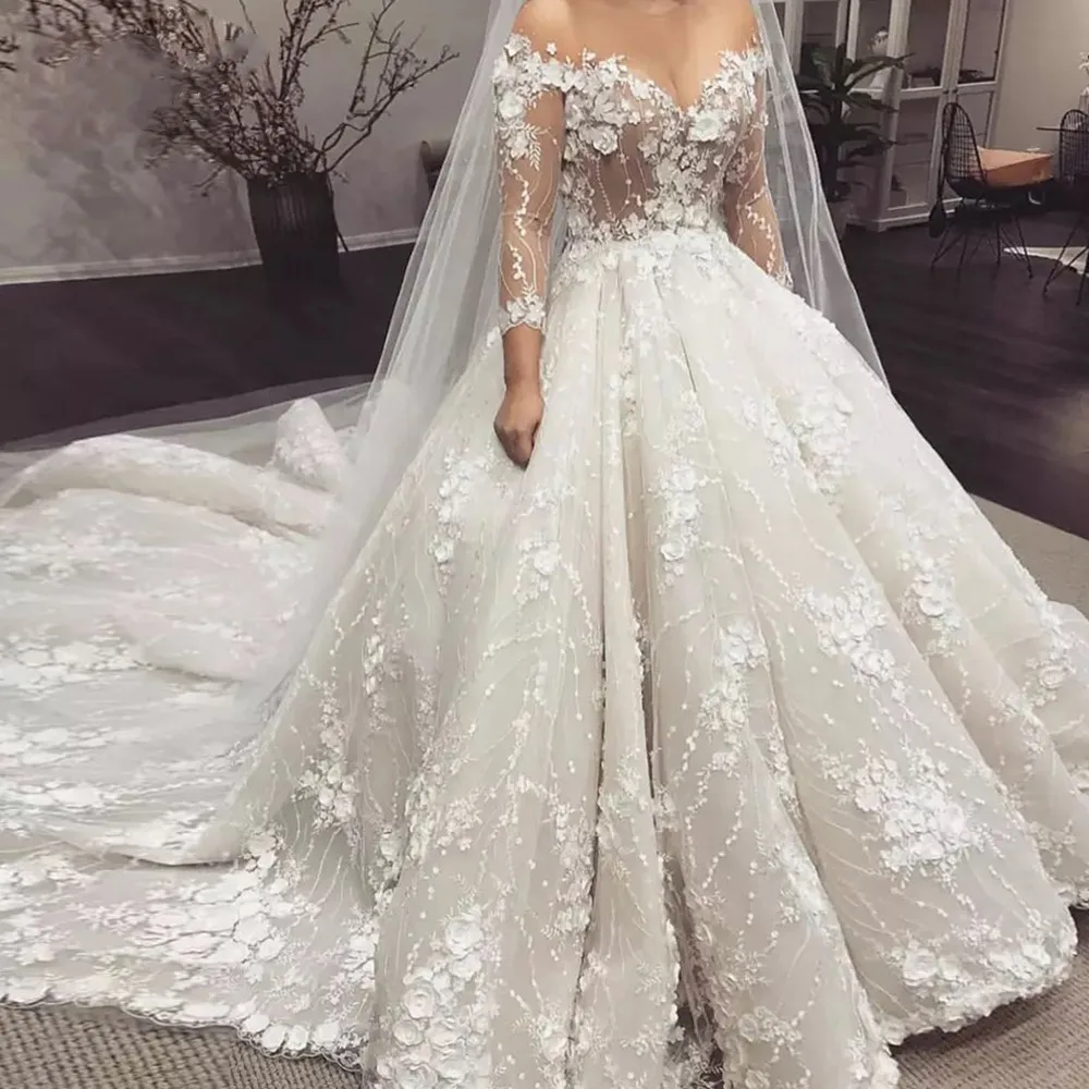 

On Zhu Luxurious Illusion Long Sleeve Lace Ball Gown Wedding Dresses 2023 Exquisite Boat Neck Flowers Chapel Train Bridal Gown