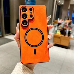 Silky Feel Leather Phone Case with Magsafe Magnetic Protection - Galaxy S23 Ultra (Orange)