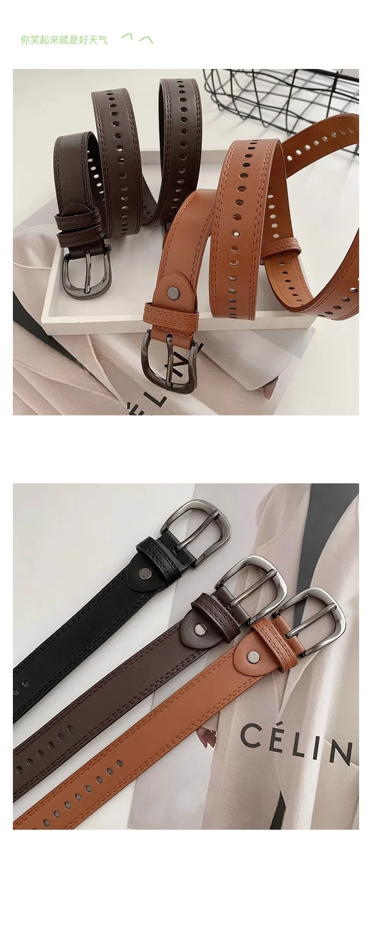 RICYGVM Jeans-Hosengürtel für Damen, volles Loch, Ledergürtel, modisch, schlicht, Dornschließe, Bund, Schwarz, Kaffee, Studenten-Gürtel – Detail 10