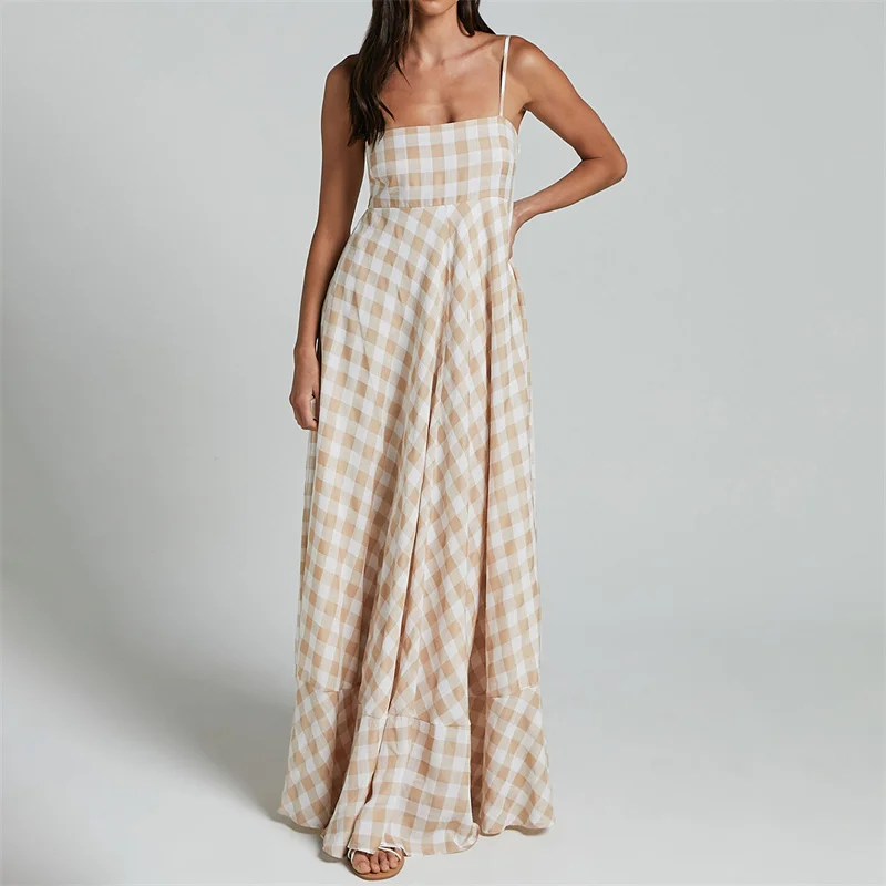Summer Long Dresses Women Plaid Print Spaghetti Strap Sleeveless A Line Dresss Vacation Party Dresses Beachwear