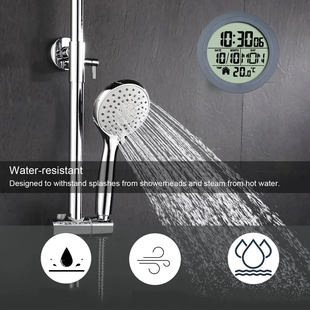 No Punching Suction Cup Digital Wall Clock Home Clock Waterproof Bathroom Washroom Kitchen LCD Display Temperature Detector