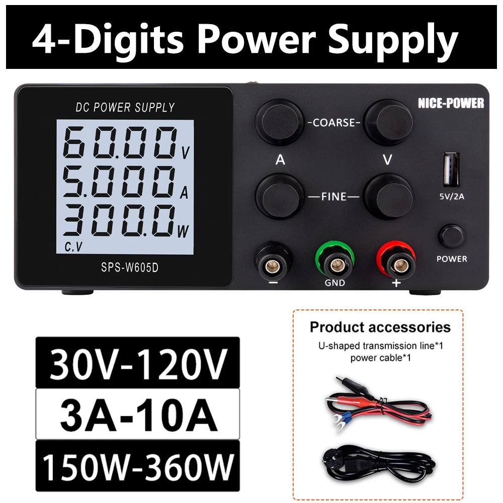 Nicepowe dc Fonte de Alimentação 60v 5a Comutação Variável Regulada Alta Precisão Dígitos Display Lcd 5v 2a Usb Porto Teste de Saída de Chumbo