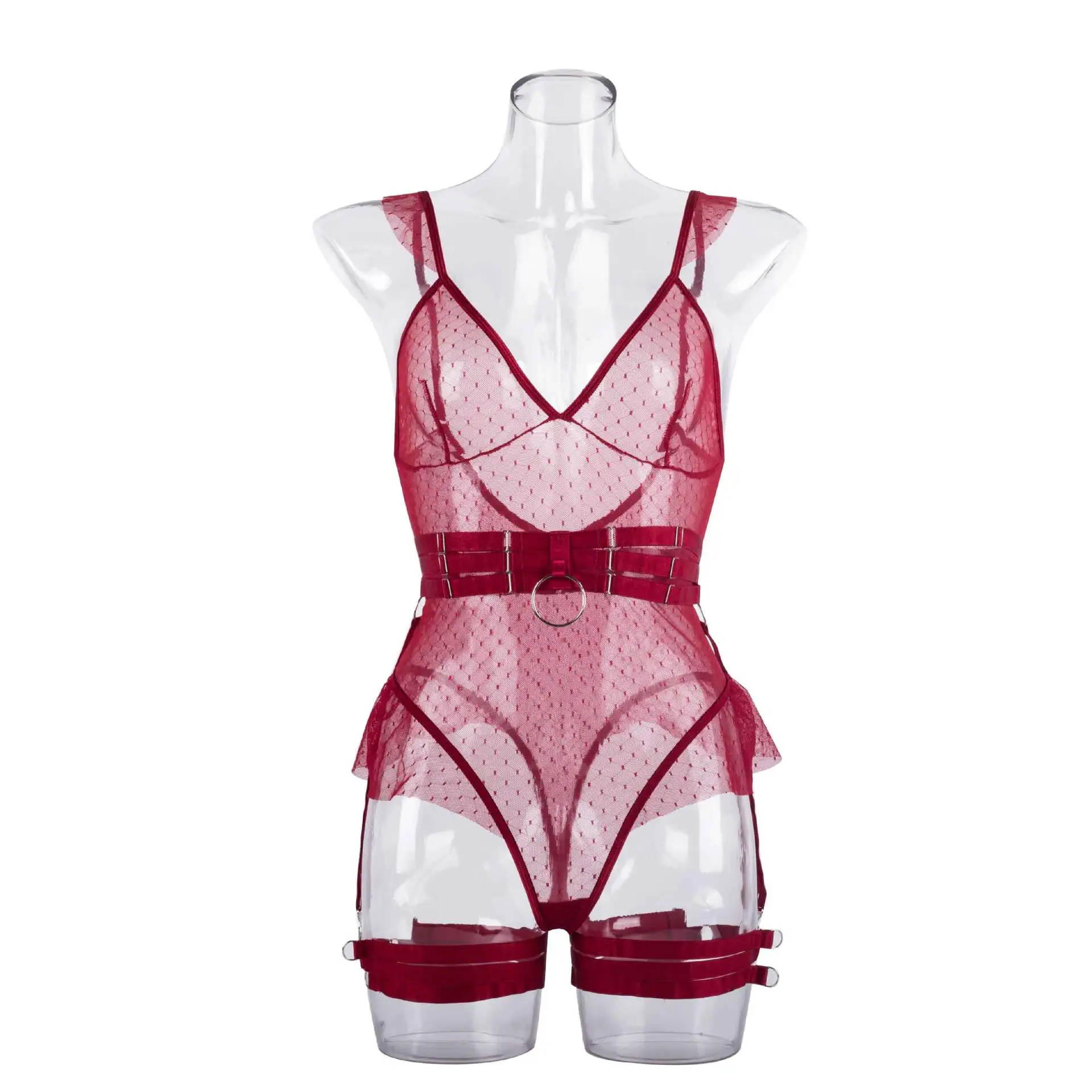 Mesh lingerie look with fitted silhouette, dotted pattern, and private outfit appeal