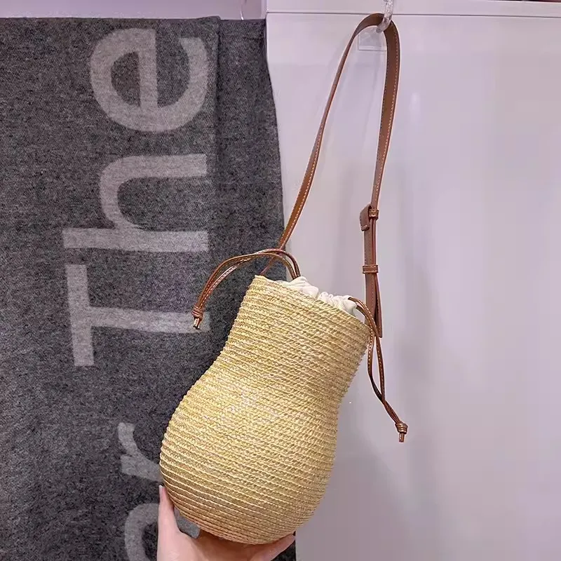Summer Straw Shoulder Bags Drawstring Women's Straw Bucket Bag Purse Raffia Woven Straw Handbags Casual Tote Beach Crossbody Bag