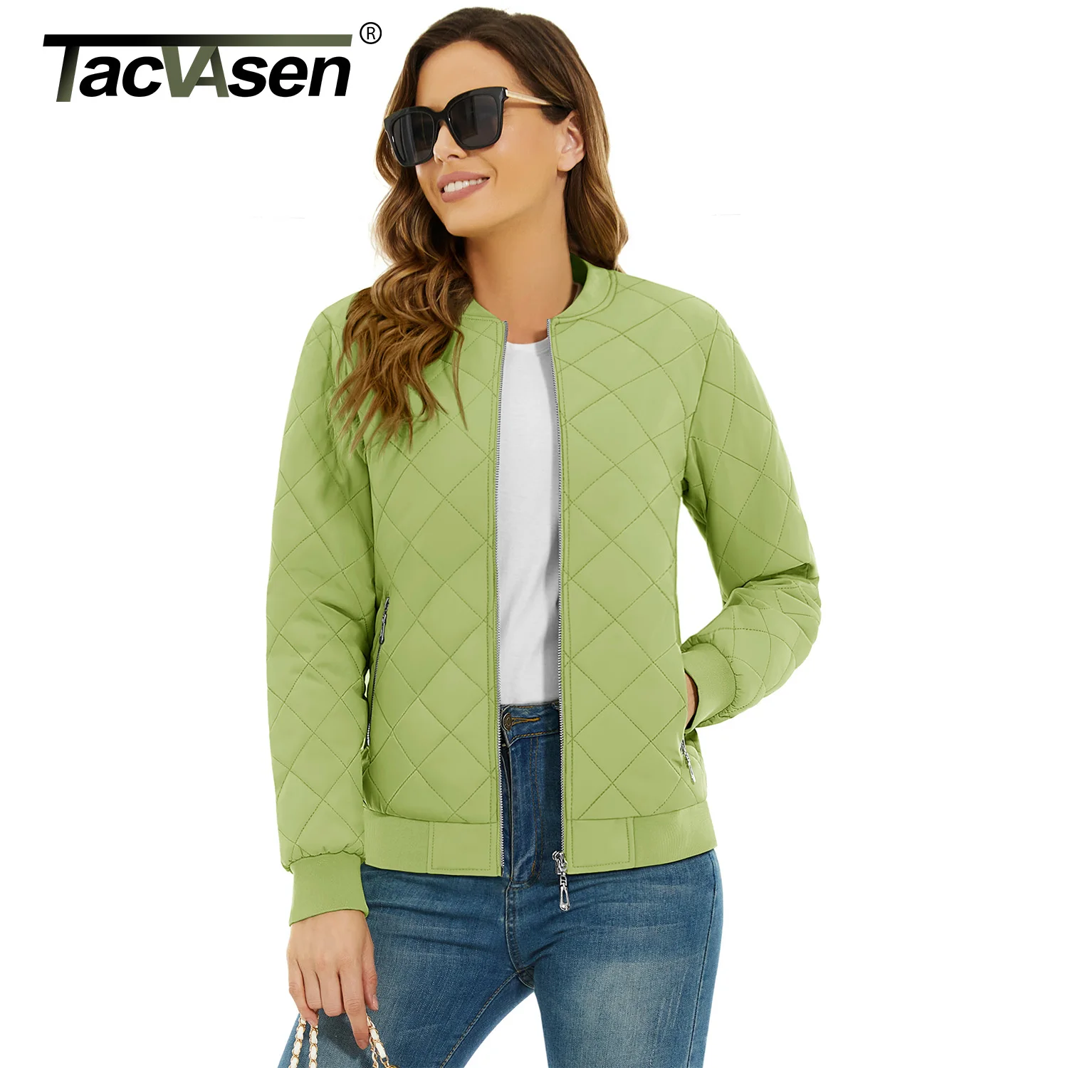 TACVASEN Women's Classic Retro Bomber Jacket - Diamond Quilted Padded Coat with Full Zip and Pockets