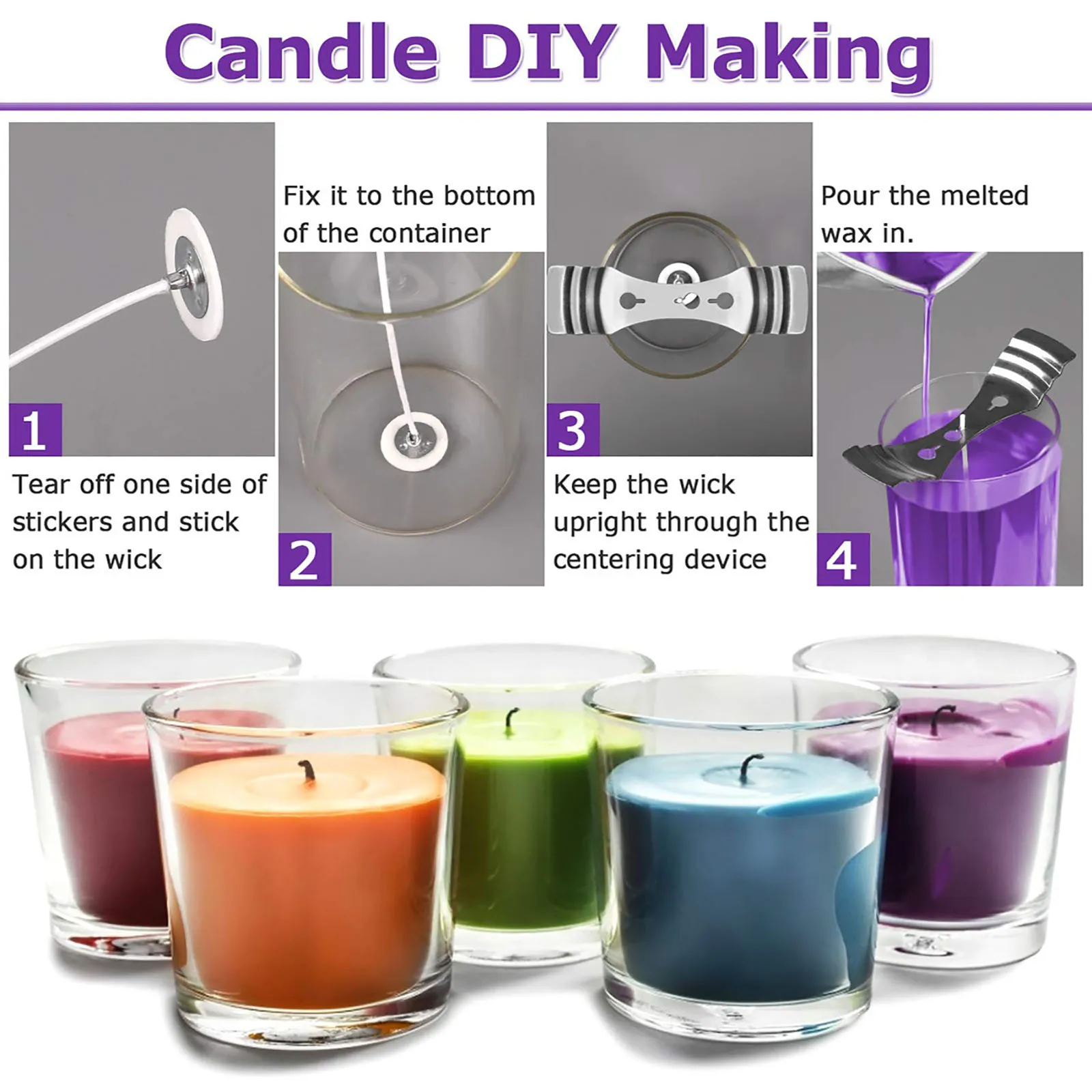 Candle Wicks Candle Wick 60 PCS Candle Wick Pre Waxed Wicks 60 PCS Candle Wick Stickers 1 Wick Holder for Making DIY 3.9in/10cm