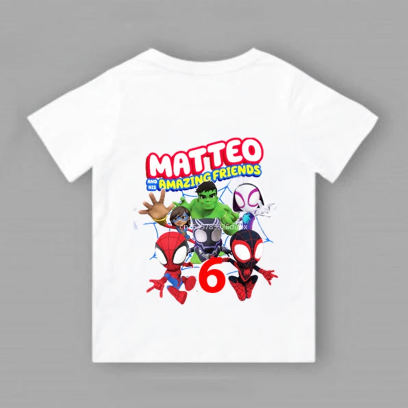 thumbnail image 1 of Camiseta de fiesta de cumpleaños para niño de Marvel Spider Man y sus buenos amigos, para niños de 2, 3, 4, 5, 6, 7, 8 y 9 años, personalizada, de verano, color blanco, 1 of 4