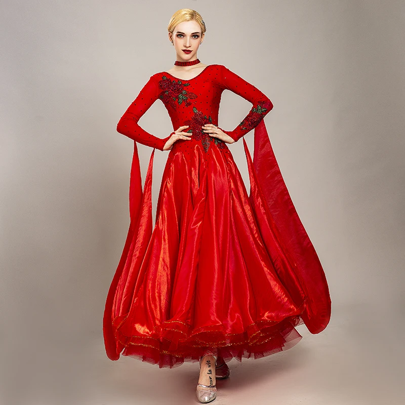 

Waltz Competition Modern Dance Dress with Strap Fishbone Large Skirt European Asian Clothing Long Sleeve Modern Dance dress