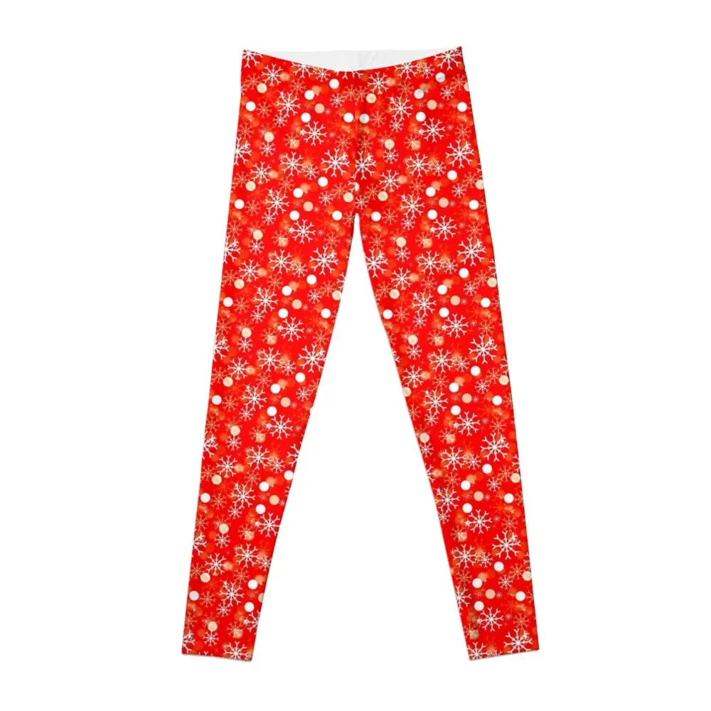 

White Christmas Snowflakes on a Festive Red Background Leggings sports for gym Legging sport Womens Leggings