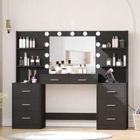 61.9‘’L Vanity Desk with Mirror & Lights, Charging Station, Makeup Desk with Drawers & Open Storage Shelves,Bedroom Vanity Table 1