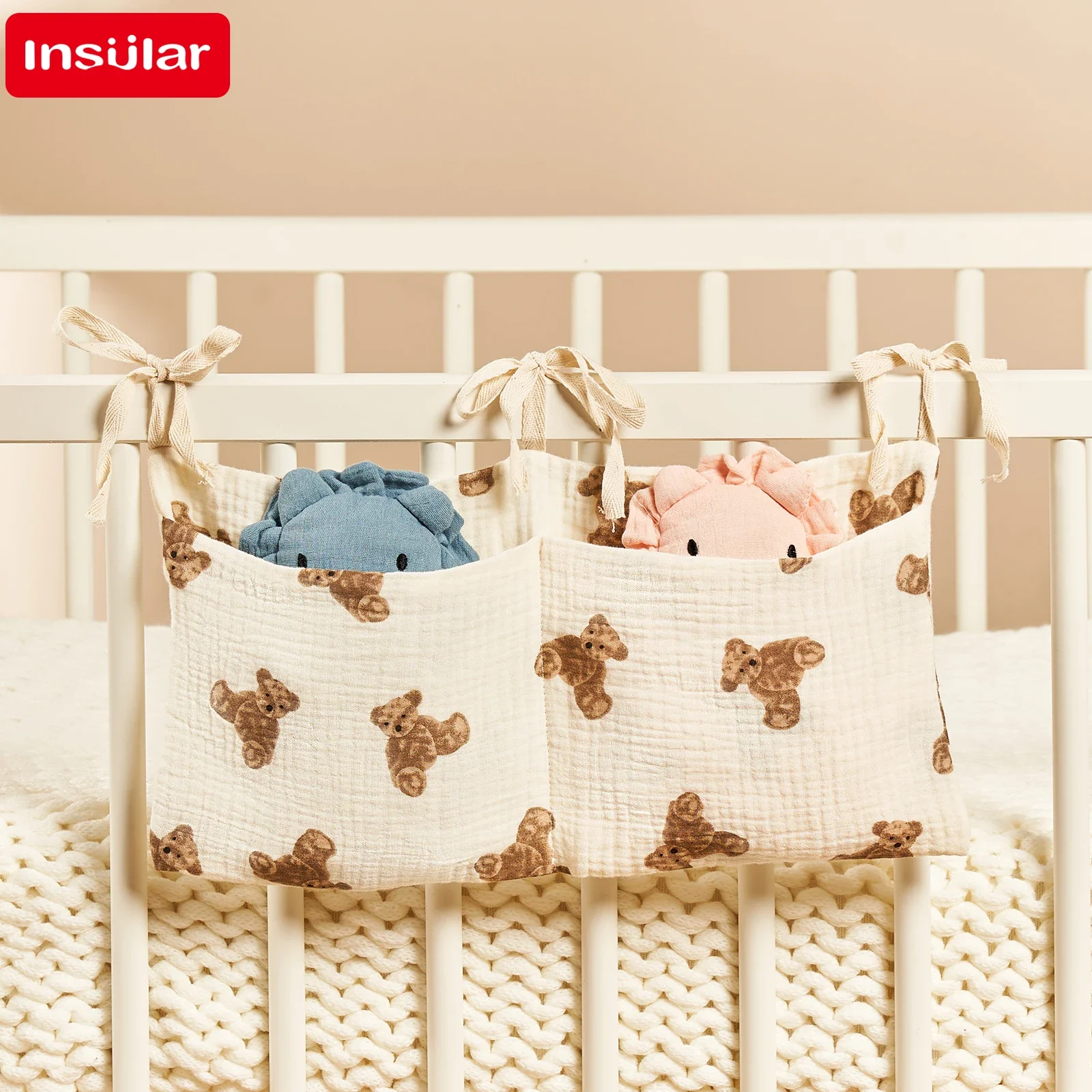 Organizer per culla culla Caddy Bed Storage Bag 2 tasche comodino appeso pannolino organizzatore in puro cotone per pannolini giocattoli abbigliamento - immagine 2
