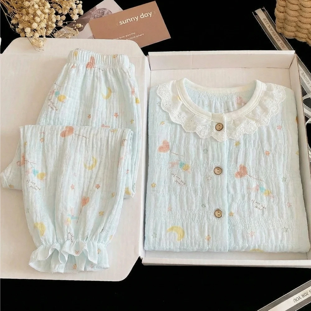 Sommer Mädchen Blumenmuster Langarm Hauskleidung für Klimatisierte Räume Kinder Atmungsaktive Spitze O-Ausschnitt Pyjama-Sets Kinderschlafanzüge