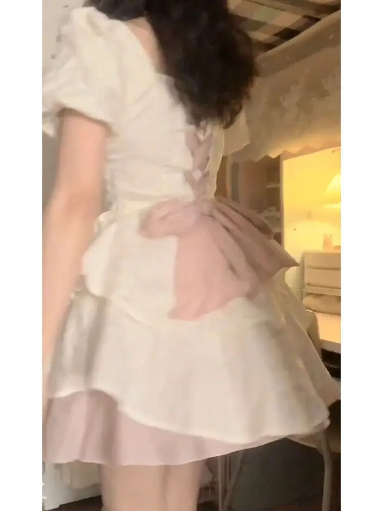 الكورية نمط فقاعة كم فراشة عقدة مربوط فستان المرأة...