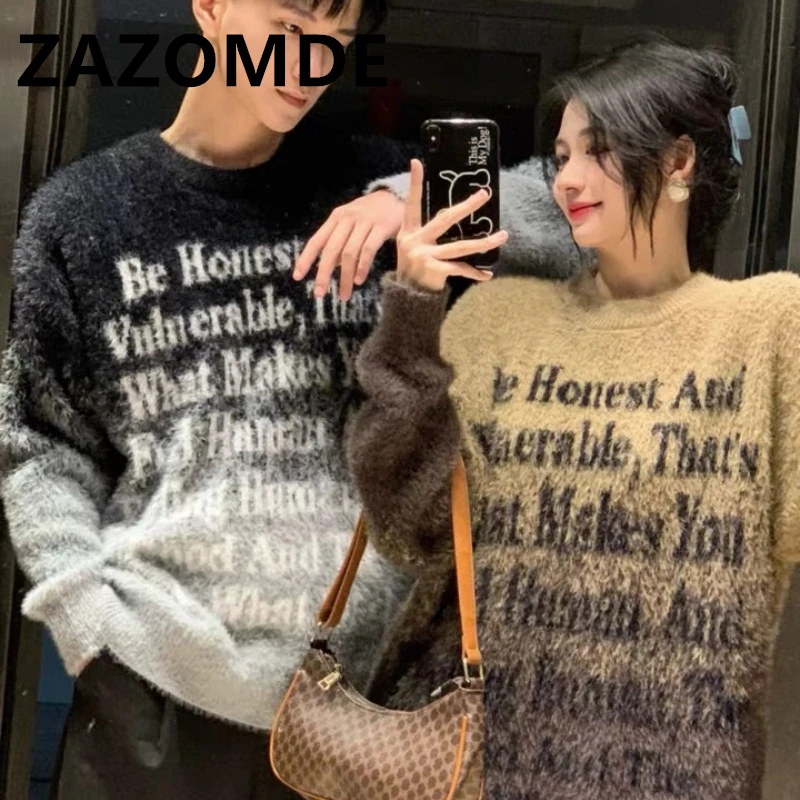 ZAZOMDE American Retro Youth Street Trend Letter Gradient Sweater Winter Warm Pullover Loose Couple Neck Couple Knitwear Sweater