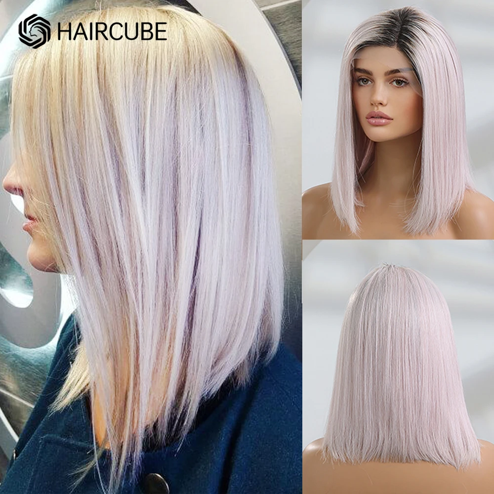 Haircube Human Hair Wigs Platinum Pink Wig For Women Light Pink Wig With  Dark Roots Straight Bob 13*1 Lace Front Wigs Human Hair - Jewish Wigs -  AliExpress
