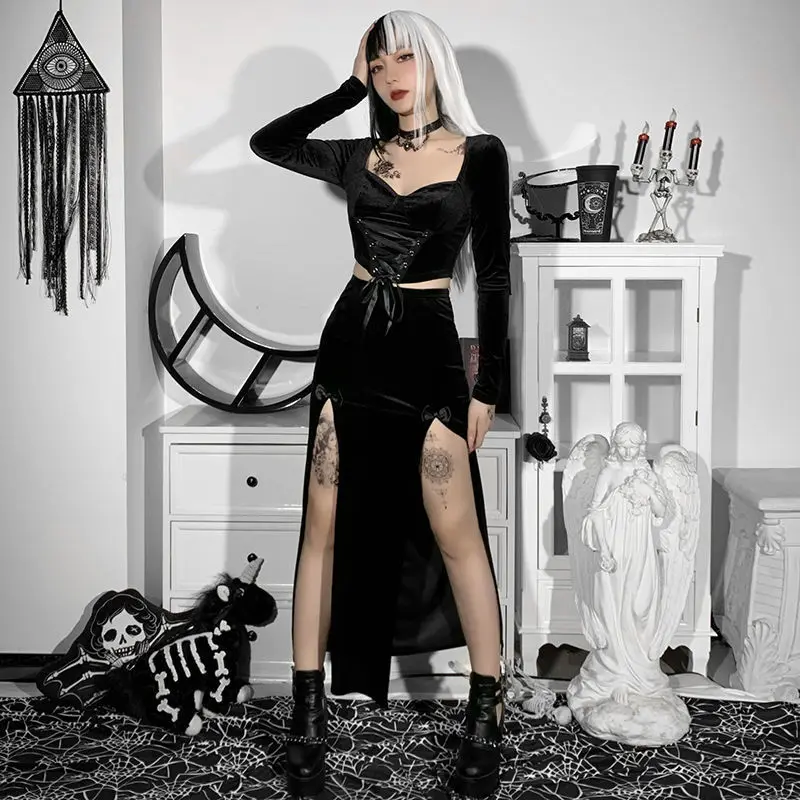 black maxi skirt Dark series skirt 2022 new design feeling minority bow Suede double-slit half-length skirt denim skirt