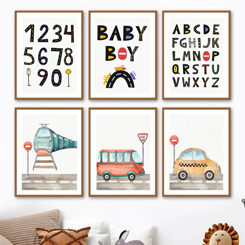 

Car Train Truck Alphabet Numbers House Nursery Wall Art Canvas Painting Poster Nursery Decor Pictures Baby Kids Room Decoration