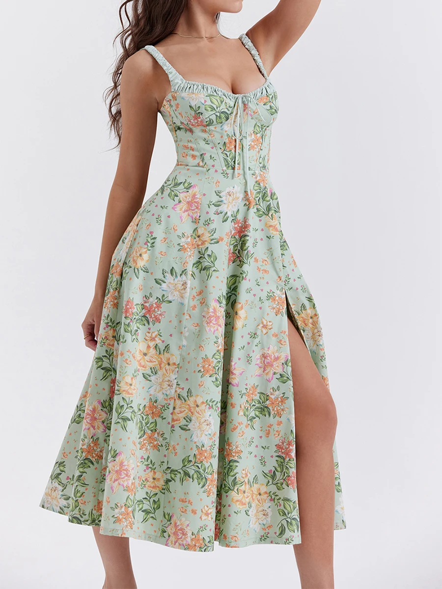 

Elegant and Flowy Women s Sleeveless Floral Midi Dress with Square Neckline and Spaghetti Straps - Perfect for Summer Casual