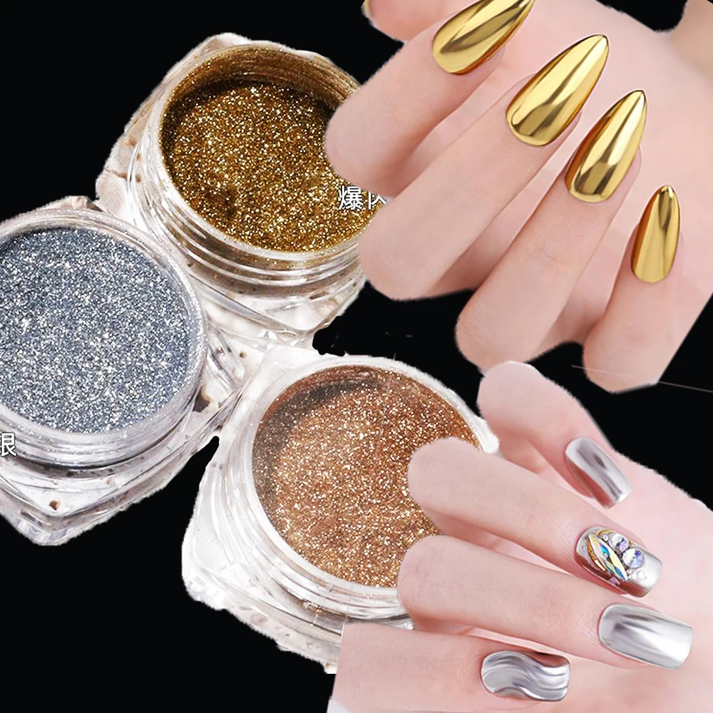 Nail Powder Nail Pigment Metallic Chrome Powder Gold /Silver/Rose Mirror Rubbing Pigments Shiny Magic Effect Holographic Silver Mirror Powder 2