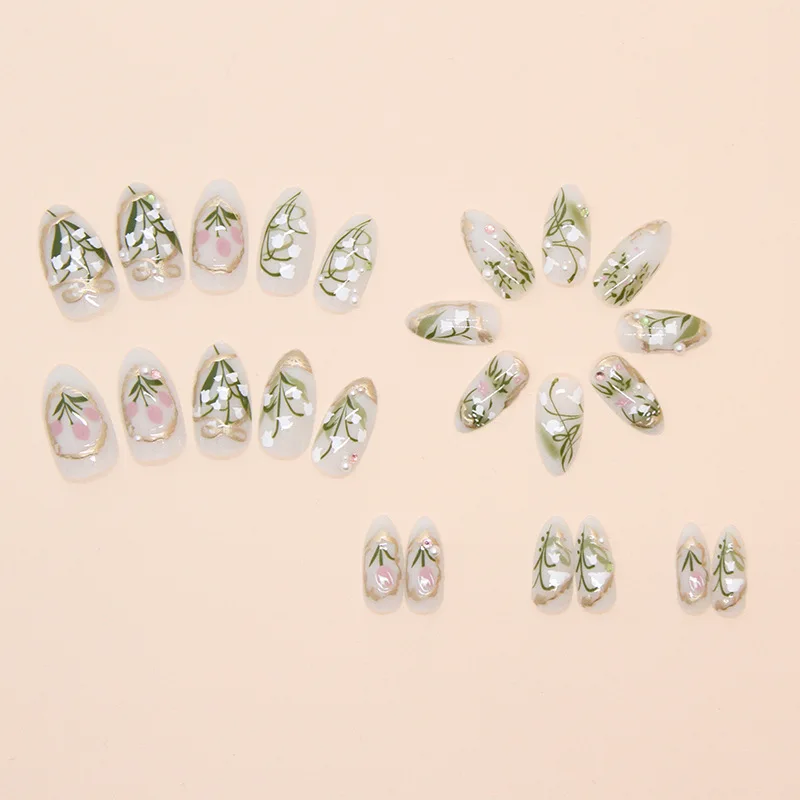 24Pcs Flora Almond Press on Nails with Glue Mori Girl Nail Art Ballet Rural Style Full Cover Wearable Acrylic Nail Manicure Tips