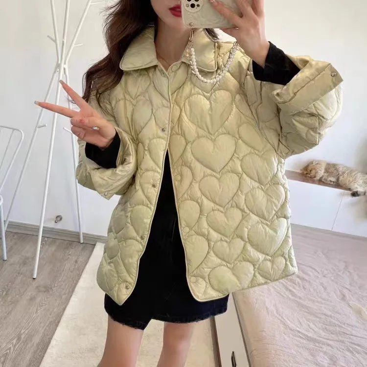 

Clearance Price Women's Heart-Shaped Stitching Down Jacket Single-Breasted Long-Sleeved Outwear Ladies Sweet Warm Coat