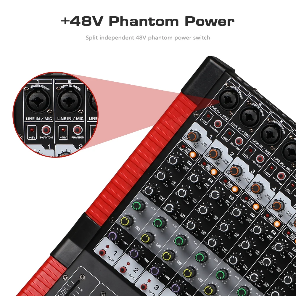 BOMGE Professional 8 Channel Audio Mixer Sound Board Mixing Console USB MP3 Bluetooth Input 48V Phantom Power 24 FX DSP For PC