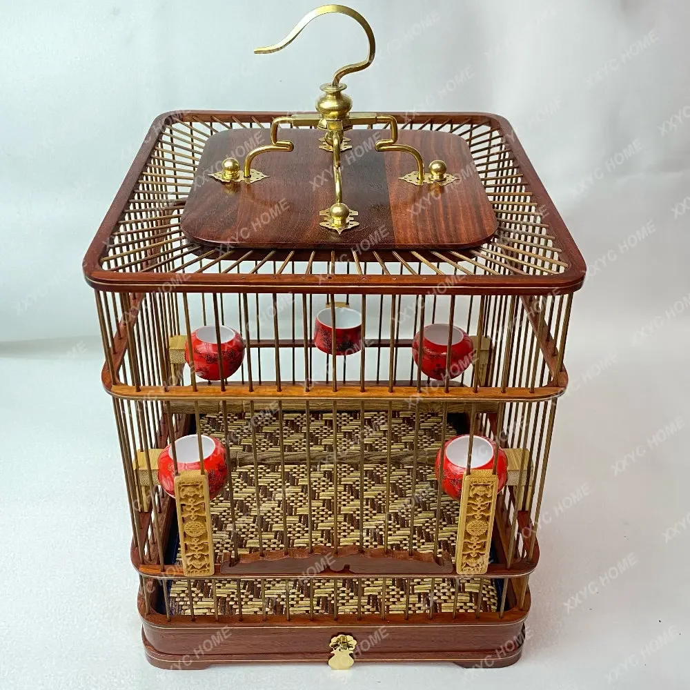Handmade Square Rosewood Ebony Yellow Rosewood Red Seed Quilt White Eye Jade Bird Square Cage Drawer Cage
